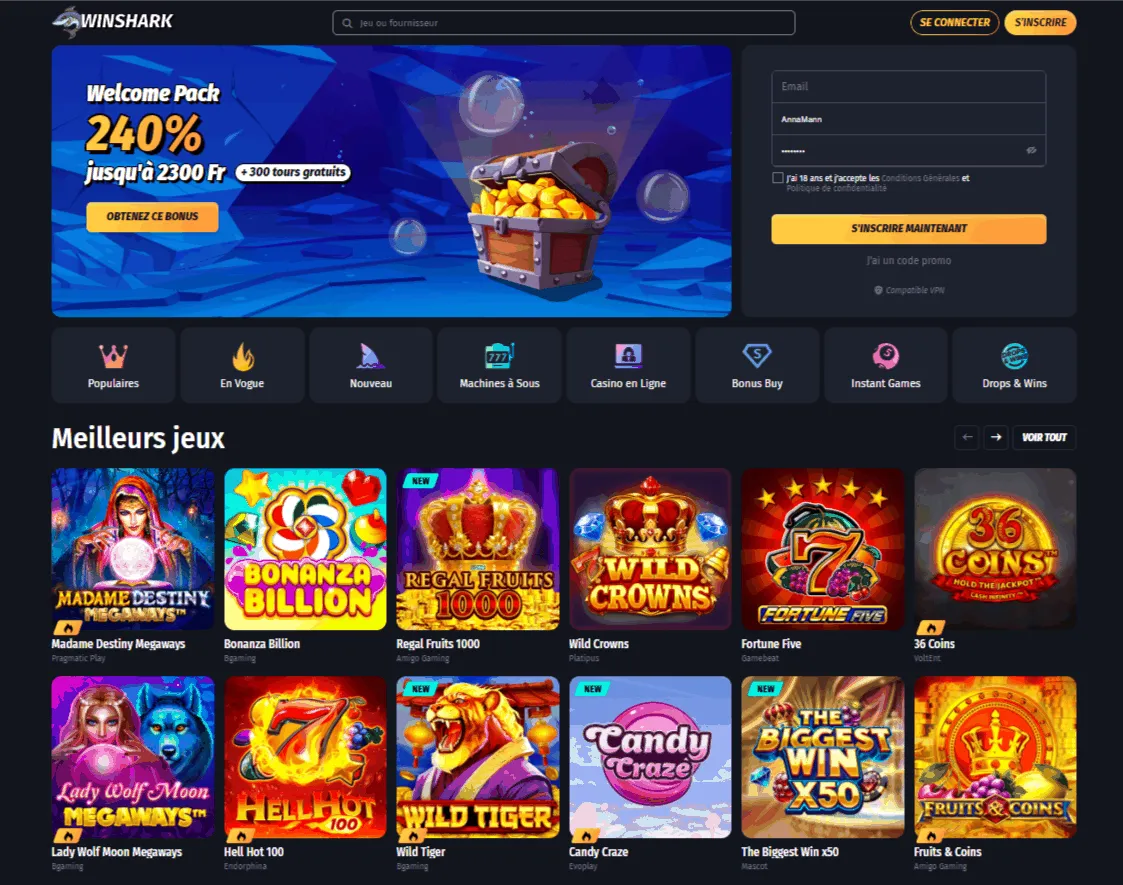 Winshark Casino Page d'accueil