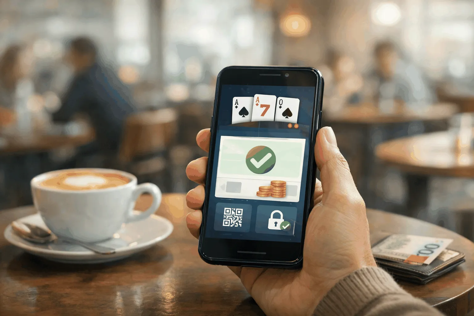 Joueur suisse utilisant un smartphone pour accéder à un casino en ligne dans un café moderne