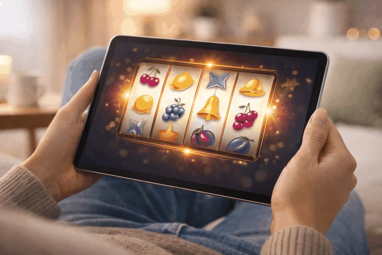 Jeu de machine à sous sur tablette dans un environnement confortable et détendu